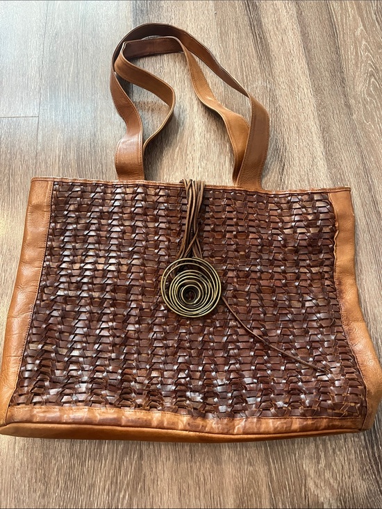 Carla Marchi Handbags - Vintage Carla Marchi Brown Woven Leather Tote with Spiral Brass Accent